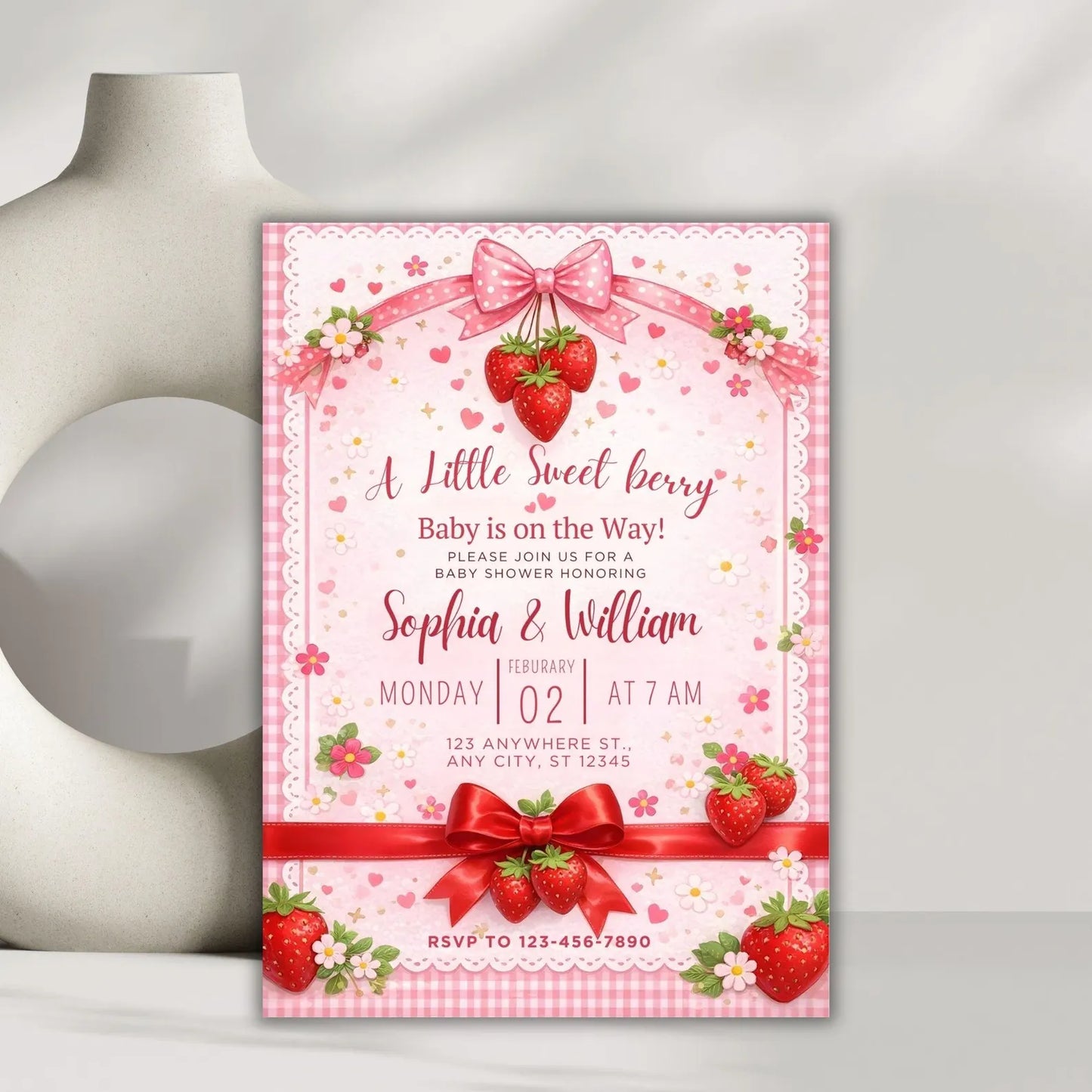 Strawberry Baby Shower Invitation,Editable Berry Sweet Invitation,Pink Baby Shower Invite,Printable Berry Sweet Baby Shower Canva Template