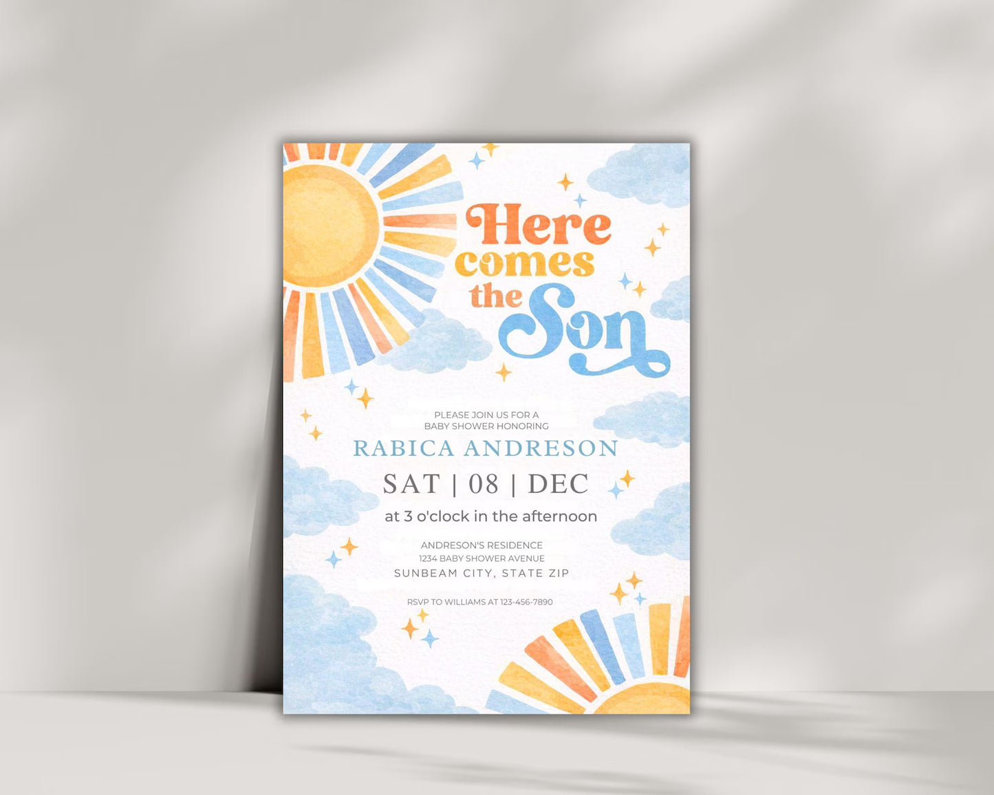 Here Comes the Son Baby Shower Invitation,Editable Boho Sunshine Baby Shower Invitation,Canva Birthday Party Printable Template,5x7 Digital