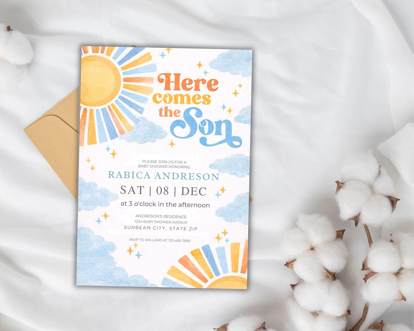 Here Comes the Son Baby Shower Invitation,Editable Boho Sunshine Baby Shower Invitation,Canva Birthday Party Printable Template,5x7 Digital