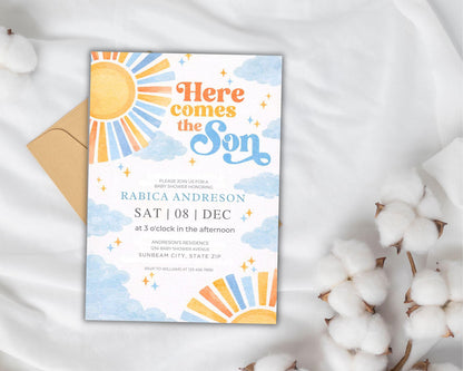 Here Comes the Son Baby Shower Invitation,Editable Boho Sunshine Baby Shower Invitation,Canva Birthday Party Printable Template,5x7 Digital