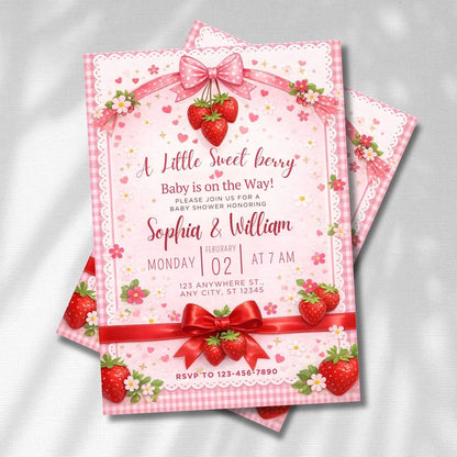 Strawberry Baby Shower Invitation,Editable Berry Sweet Invitation,Pink Baby Shower Invite,Printable Berry Sweet Baby Shower Canva Template