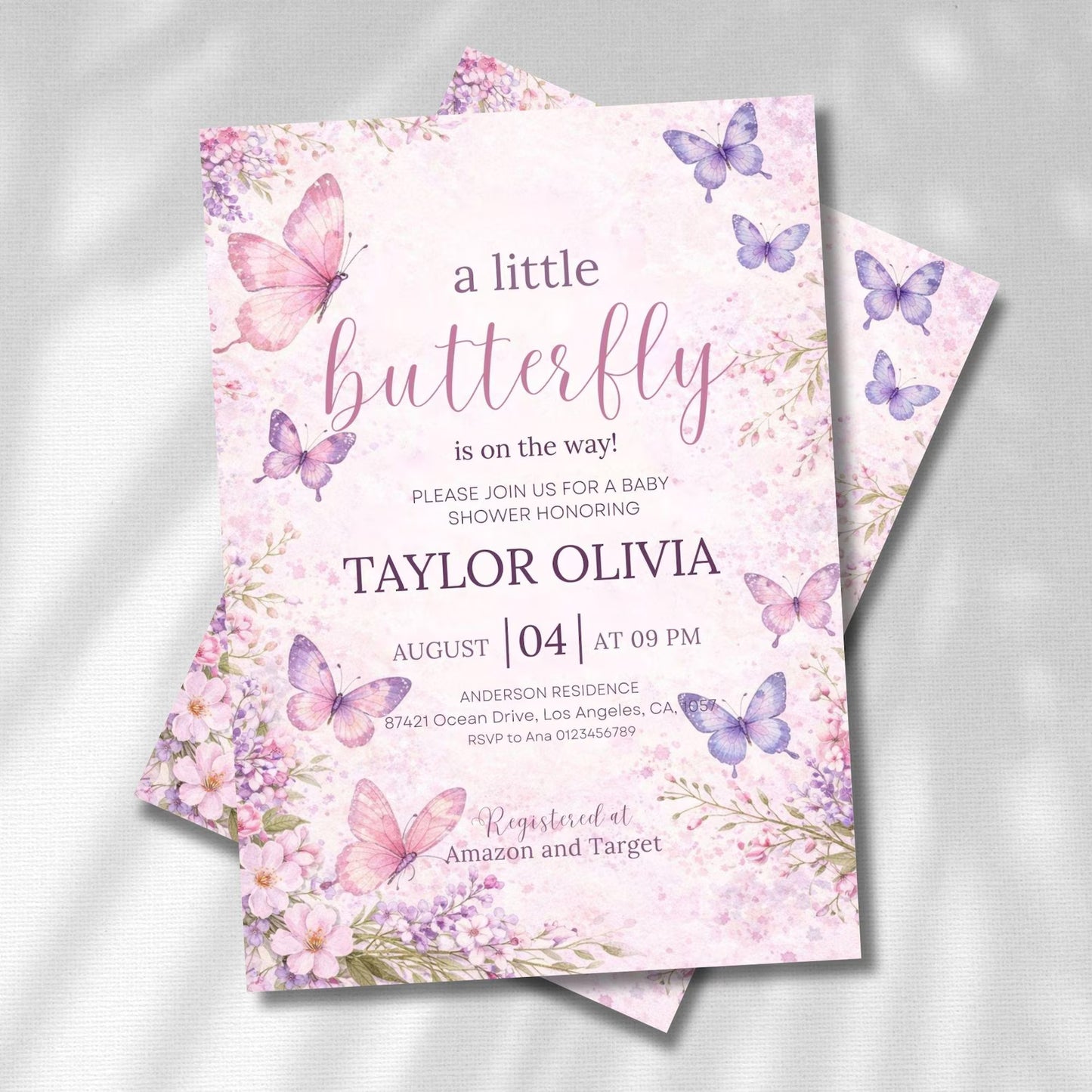 Butterfly Baby Shower Invitation,Editable Pink and Purple Butterfly Invitation,Girl Butterfly Invitation,A Little Butterfly Is On The Way