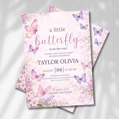 Butterfly Baby Shower Invitation,Editable Pink and Purple Butterfly Invitation,Girl Butterfly Invitation,A Little Butterfly Is On The Way