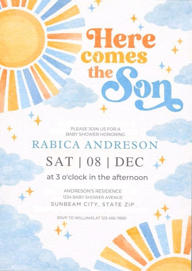 Here Comes the Son Baby Shower Invitation,Editable Boho Sunshine Baby Shower Invitation,Canva Birthday Party Printable Template,5x7 Digital