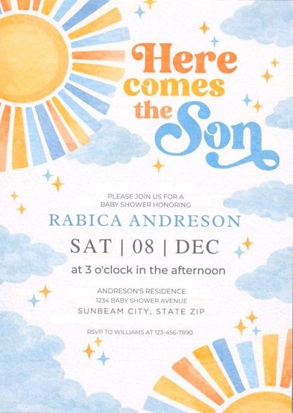 Here Comes the Son Baby Shower Invitation,Editable Boho Sunshine Baby Shower Invitation,Canva Birthday Party Printable Template,5x7 Digital