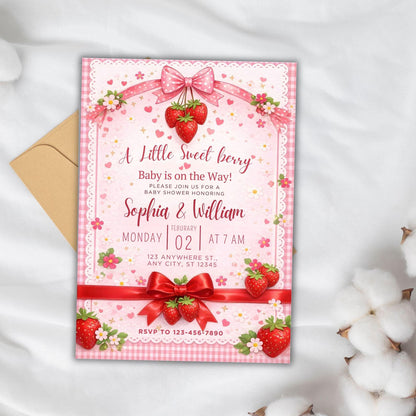 Strawberry Baby Shower Invitation,Editable Berry Sweet Invitation,Pink Baby Shower Invite,Printable Berry Sweet Baby Shower Canva Template
