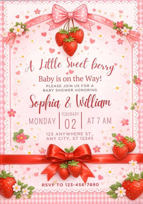 Strawberry Baby Shower Invitation,Editable Berry Sweet Invitation,Pink Baby Shower Invite,Printable Berry Sweet Baby Shower Canva Template