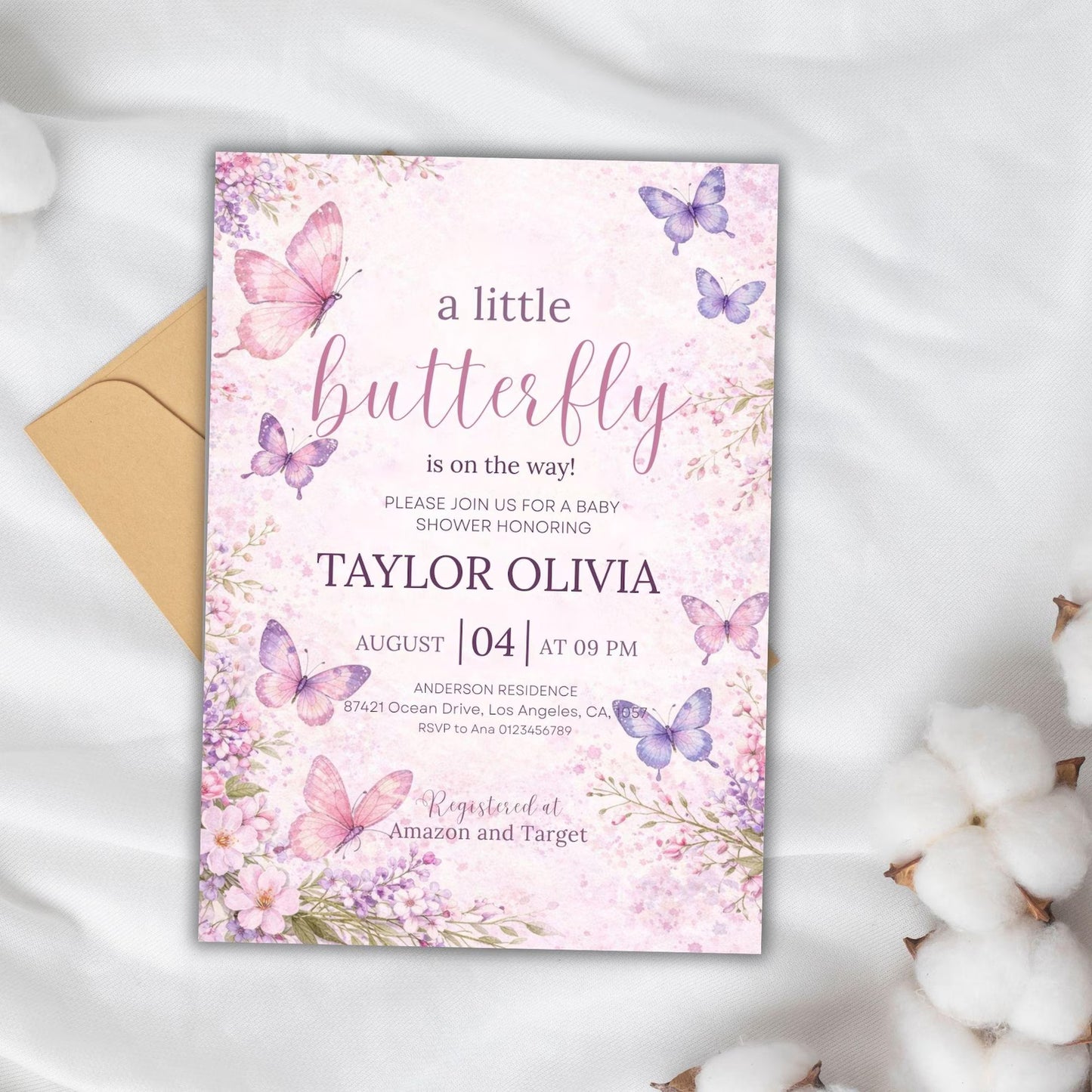 Butterfly Baby Shower Invitation,Editable Pink and Purple Butterfly Invitation,Girl Butterfly Invitation,A Little Butterfly Is On The Way