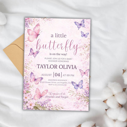 Butterfly Baby Shower Invitation,Editable Pink and Purple Butterfly Invitation,Girl Butterfly Invitation,A Little Butterfly Is On The Way