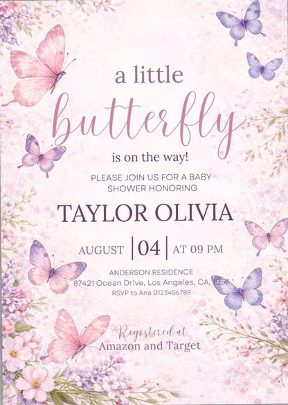 Butterfly Baby Shower Invitation,Editable Pink and Purple Butterfly Invitation,Girl Butterfly Invitation,A Little Butterfly Is On The Way