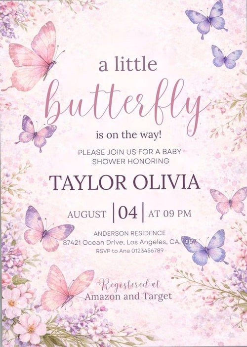 Butterfly Baby Shower Invitation,Editable Pink and Purple Butterfly Invitation,Girl Butterfly Invitation,A Little Butterfly Is On The Way