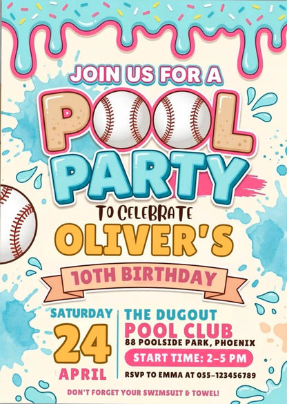 Baseball Drip Pool Party Invitation,Editable Ice Cream Drip Party Invite, Swimming Birthday,Sports Boy Birthday,Water, Girls, Boys Teen