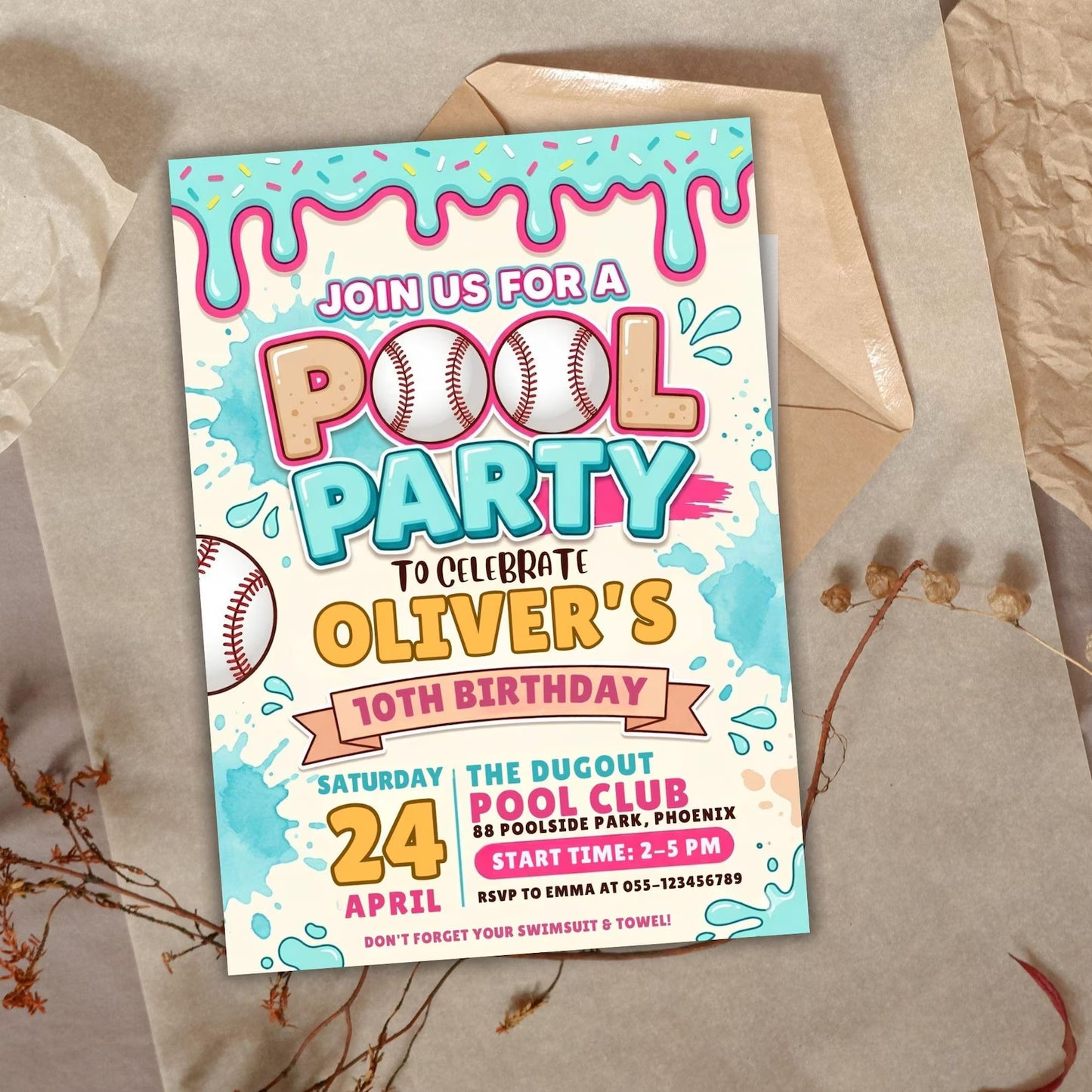 Baseball Drip Pool Party Invitation,Editable Ice Cream Drip Party Invite, Swimming Birthday,Sports Boy Birthday,Water, Girls, Boys Teen