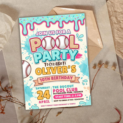 Baseball Drip Pool Party Invitation,Editable Ice Cream Drip Party Invite, Swimming Birthday,Sports Boy Birthday,Water, Girls, Boys Teen
