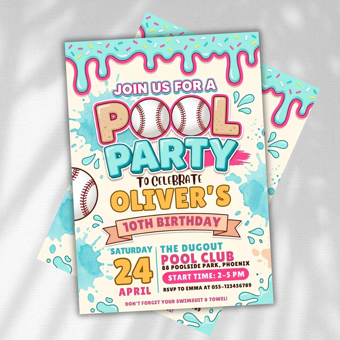 Baseball Drip Pool Party Invitation,Editable Ice Cream Drip Party Invite, Swimming Birthday,Sports Boy Birthday,Water, Girls, Boys Teen